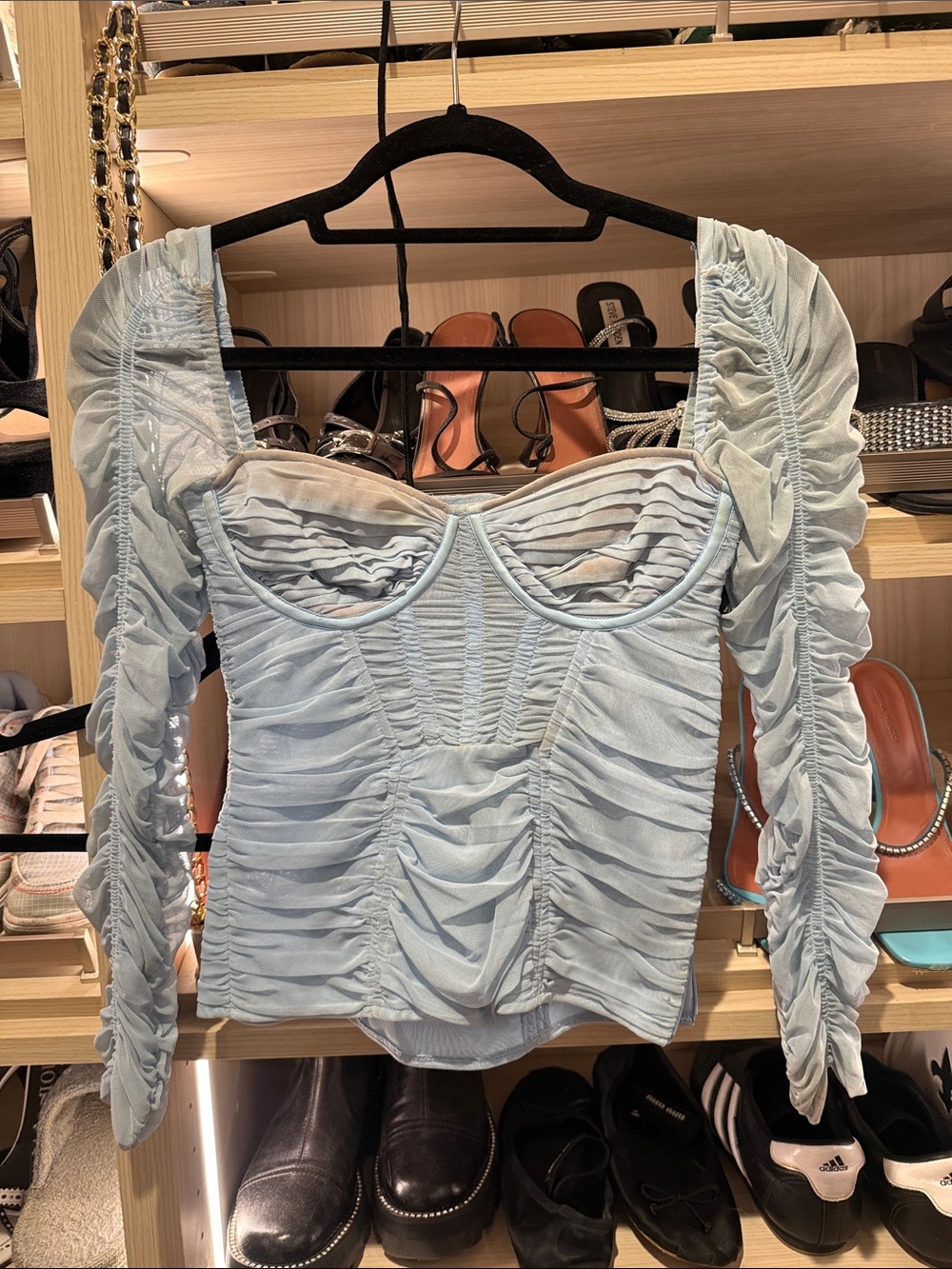 Light Blue Ruched Sweetheart Long Sleeve Top